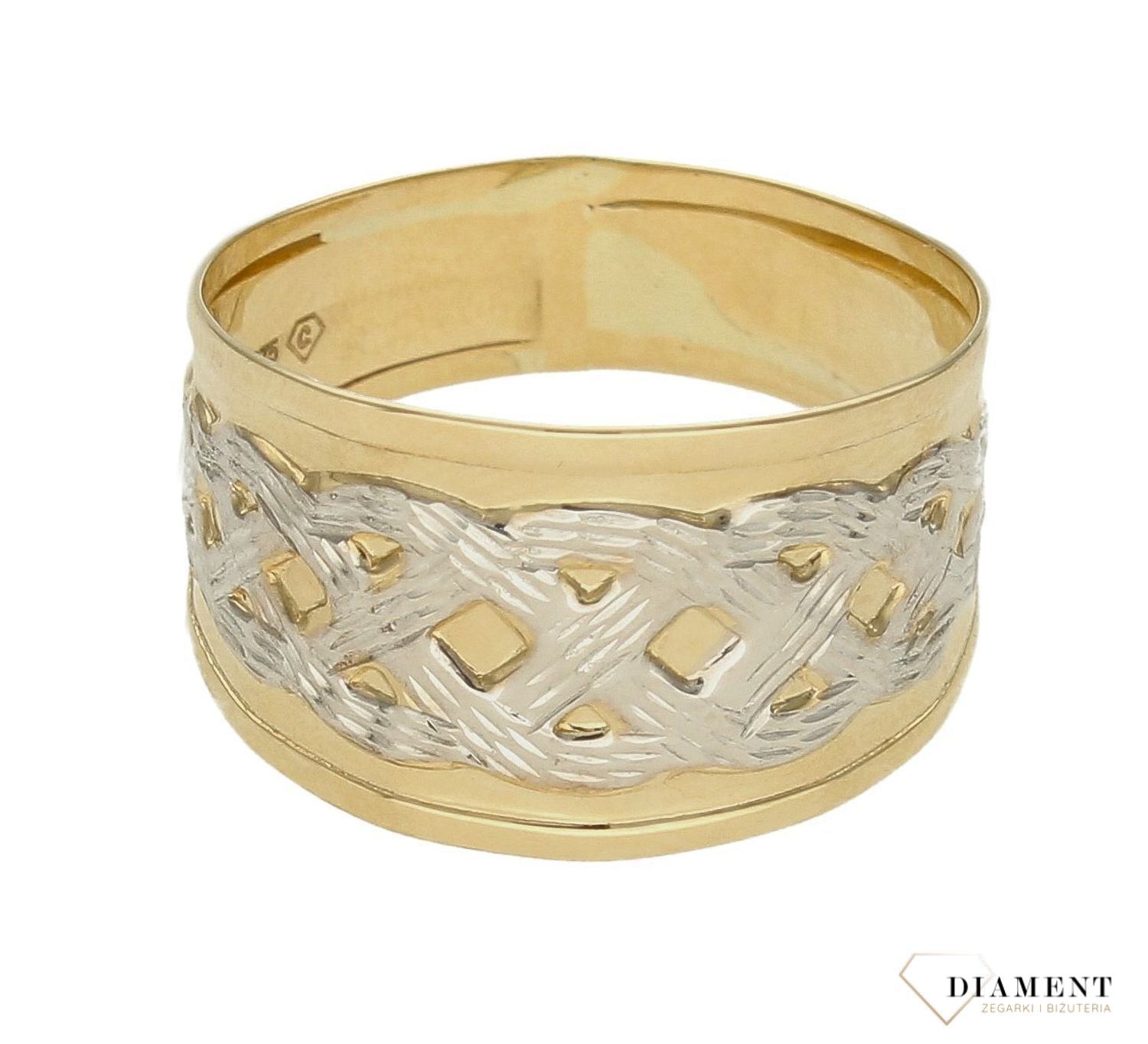 Pierścionek damski złoty szeroka obrączka z białym złotem 375 PI 1130 375. Szeroki pierścionek damski. Złota biżuteria na prezen (2).jpg